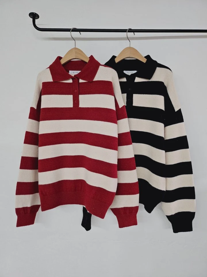 Gram - Korean Women Fashion - #womensfashion - Wide Stripe Collar Knit - 5