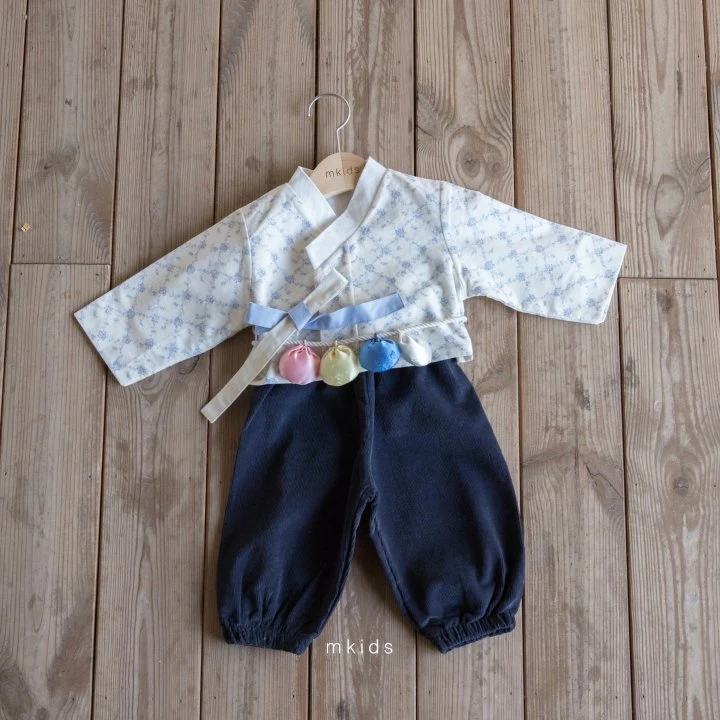 Mkids - Korean Baby Fashion - #onlinebabyshop - Blue Plum Blossom Pants Set - 3