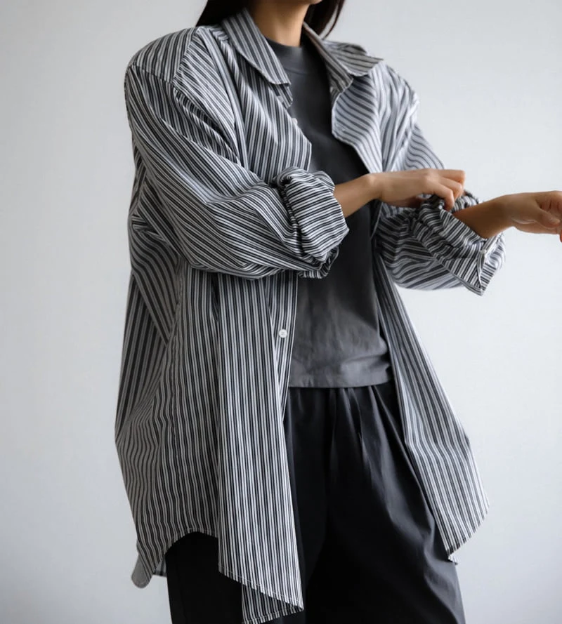 Paper Moon - Korean Women Fashion - #womensfashion - Boyfriend Fit Oversized Striped Button Down Shirt - 5