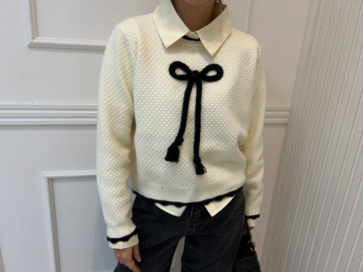 Pearls room - Korean Women Fashion - #momslook - Ribbon Knit Shirt Set