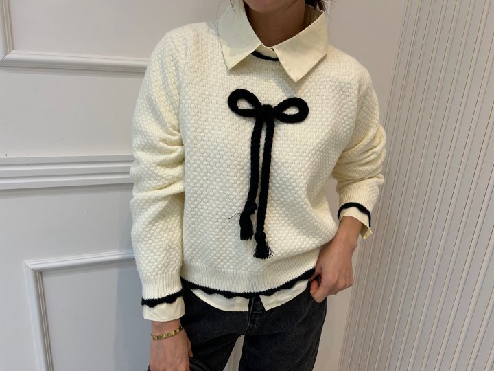 Pearls room - Korean Women Fashion - #momslook - Ribbon Knit Shirt Set - 5