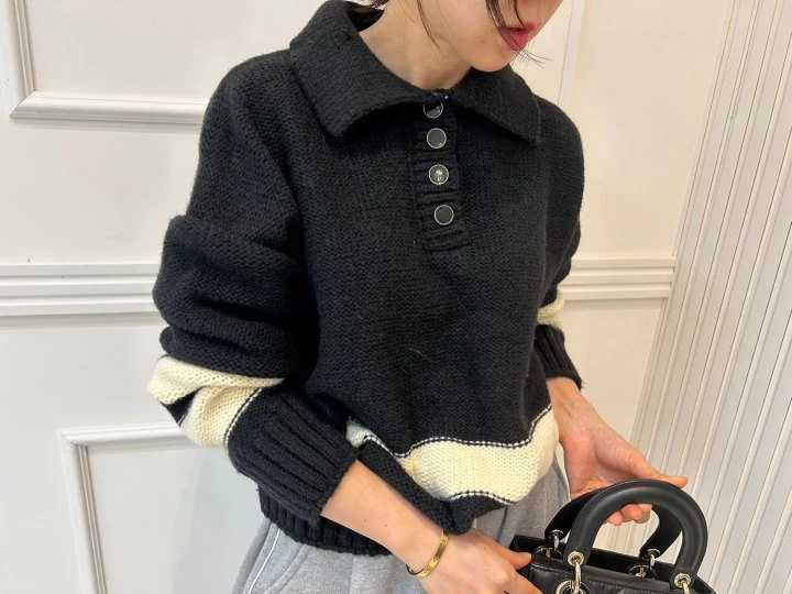 Pearls room - Korean Women Fashion - #momslook - Line Collar Knit - 10