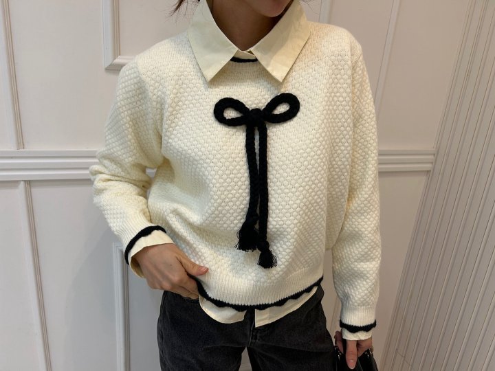 Pearls room - Korean Women Fashion - #womensfashion - Ribbon Knit Shirt Set - 2