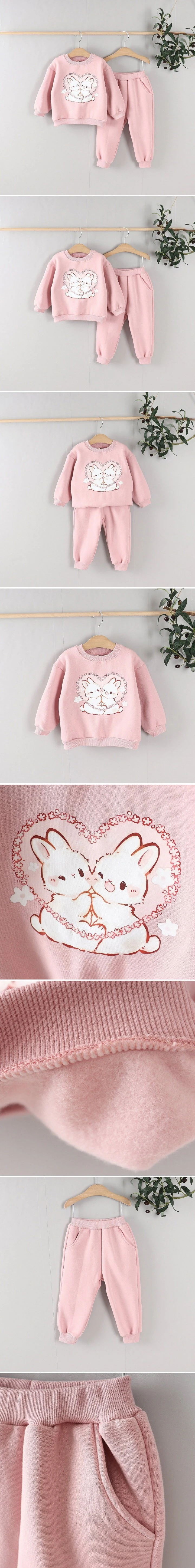 Tony - Korean Children Fashion - #magicofchildhood - Fleece Heart Rabbit Top Bottom Set