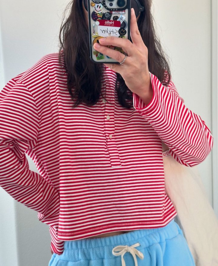 Via - Korean Women Fashion - #momslook - Stripe Button Tee - 10