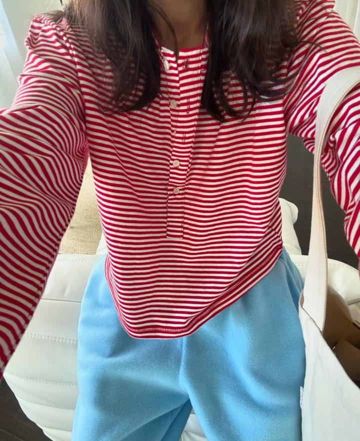 Via - Korean Women Fashion - #momslook - Stripe Button Tee - 12