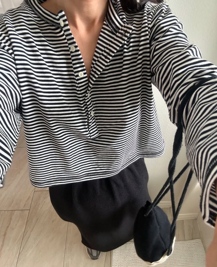 Via - Korean Women Fashion - #womensfashion - Stripe Button Tee - 4