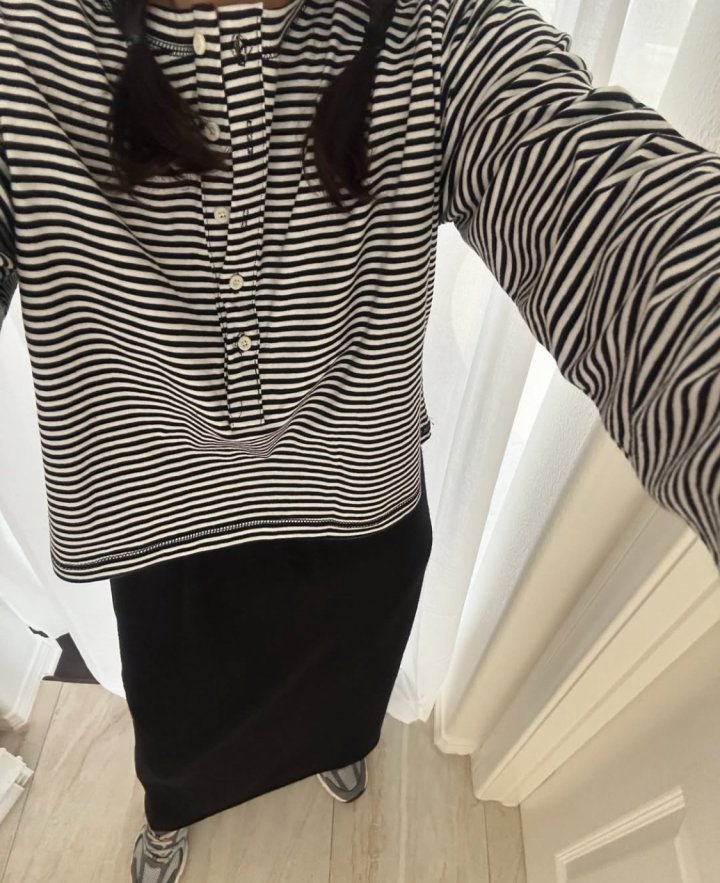 Via - Korean Women Fashion - #momslook - Stripe Button Tee - 6