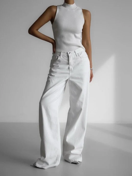 High Rise Wide Leg White Denim Pants