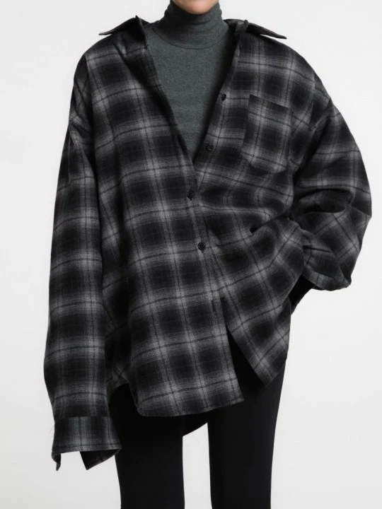 Oversized Flannel Checked Quilted Button Down Shirt Jacket