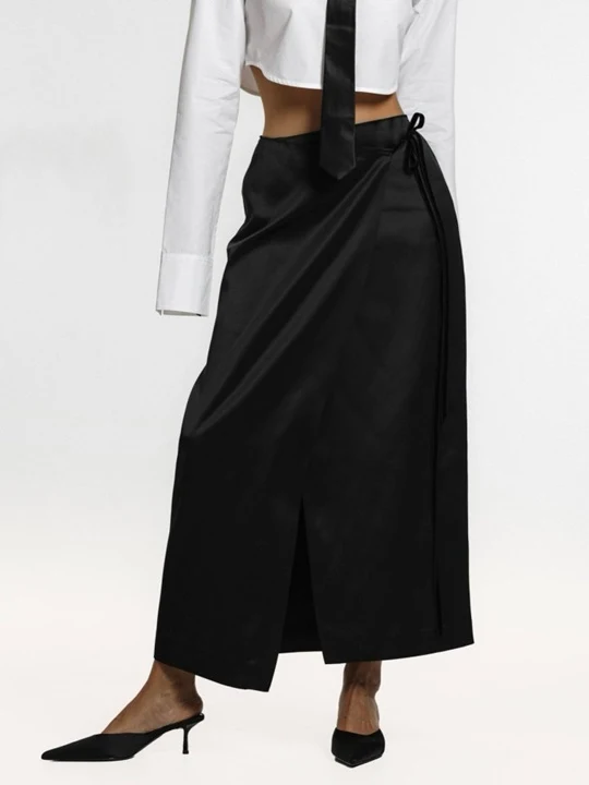 Velvet Trimmed Satin Wrap Maxi Skirt