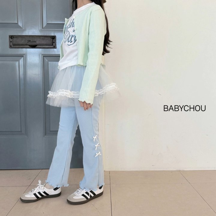 Babychou - Korean Children Fashion - #kidsstore - Ribbed Ribbon Bootcut Pants - 10