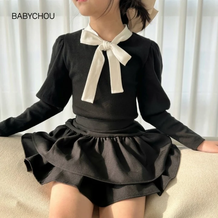 Babychou - Korean Children Fashion - #todddlerfashion - Ribbon Tie Puff Tee - 12