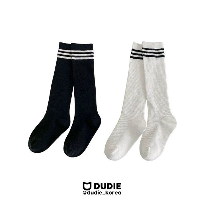 Dudie - Korean Children Fashion - #Kfashion4kids - Over Stripe Knee Socks Set