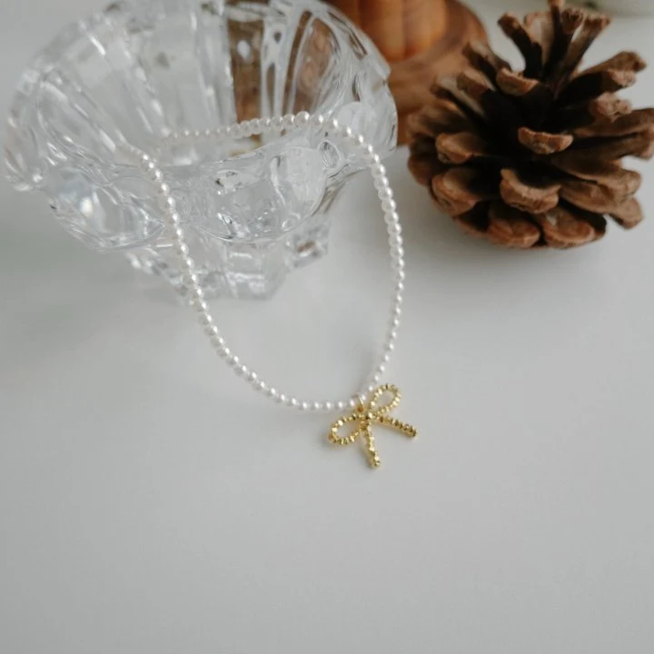 Eeiitt - Korean Women Fashion - #momslook - Posh Gold Ribbon Pearl Necklace