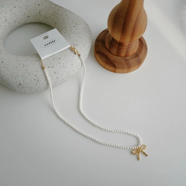 Eeiitt - Korean Women Fashion - #momslook - Posh Gold Ribbon Pearl Necklace - 7