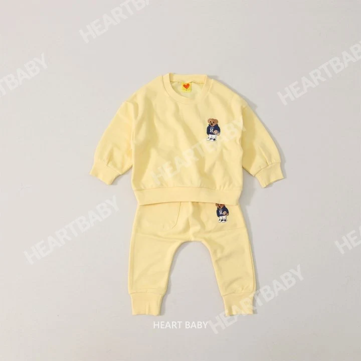 Heart Baby - Korean Children Fashion - #childrensboutique - Bear Embroidery Top Bottom Set - 8