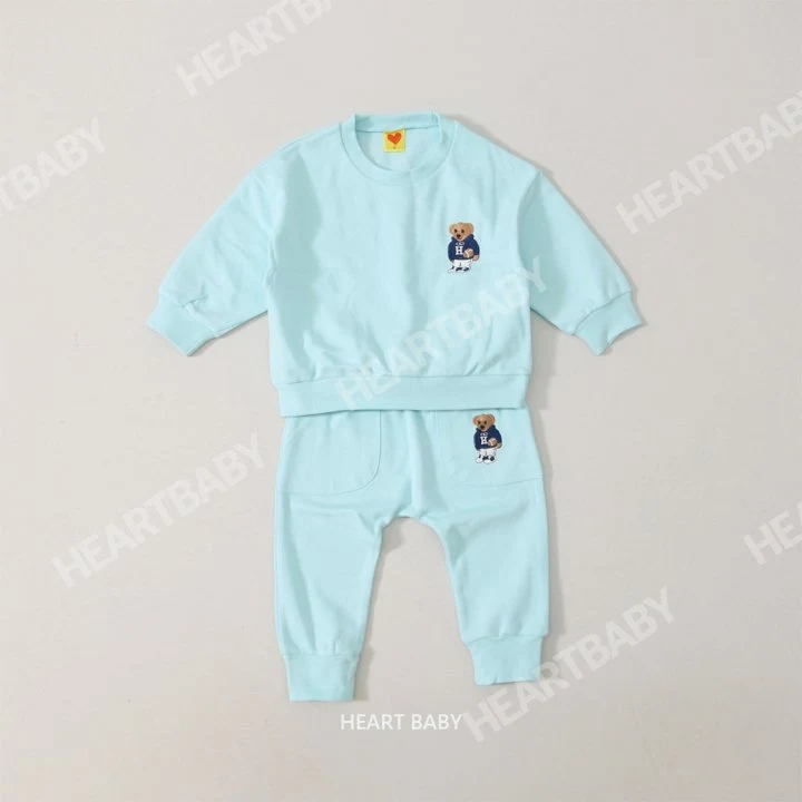 Heart Baby - Korean Children Fashion - #designkidswear - Bear Embroidery Top Bottom Set - 9