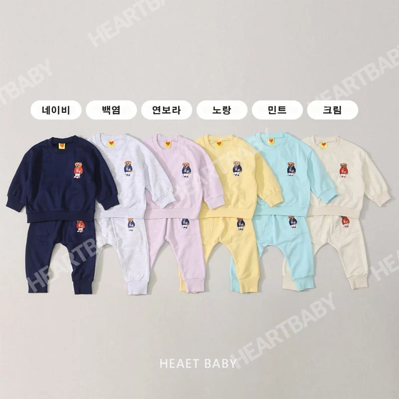 Heart Baby - Korean Children Fashion - #minifashionista - Bear Embroidery Top Bottom Set - 2