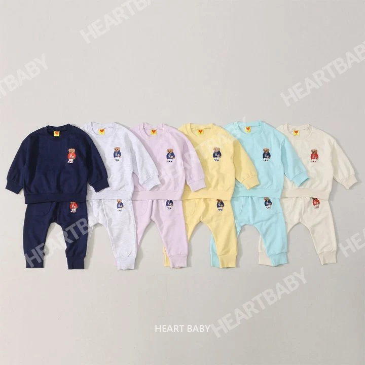 Heart Baby - Korean Children Fashion - #prettylittlegirls - Bear Embroidery Top Bottom Set - 4