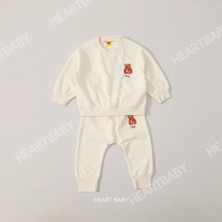 Heart Baby - Korean Children Fashion - #toddlerclothing - Bear Embroidery Top Bottom Set - 5