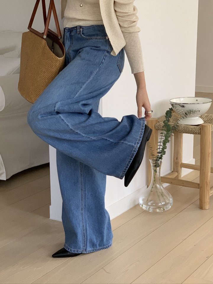 I'm here - Korean Women Fashion - #momslook - Soft Wide Denim Pants - 5