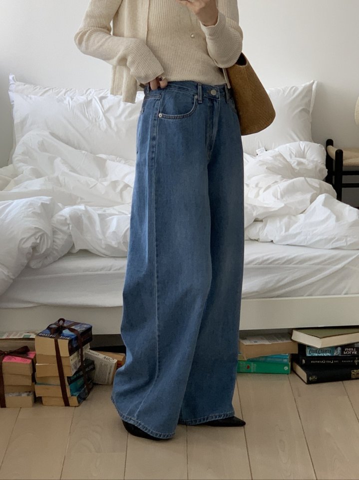 I'm here - Korean Women Fashion - #momslook - Soft Wide Denim Pants - 8