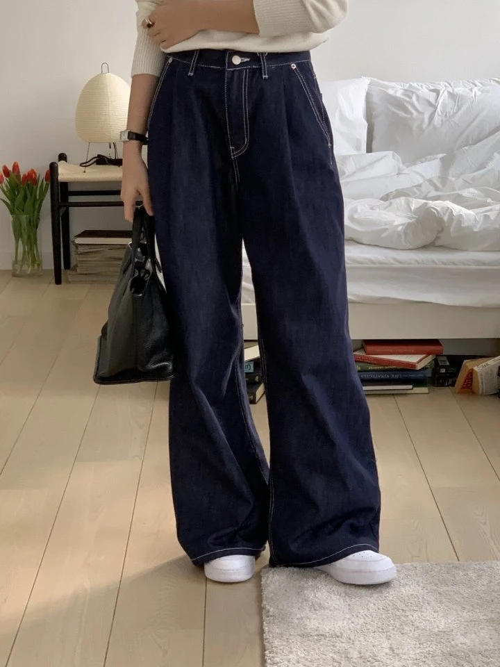 I'm here - Korean Women Fashion - #momslook - Non Fade Pintuck Wide Denim Pants - 2