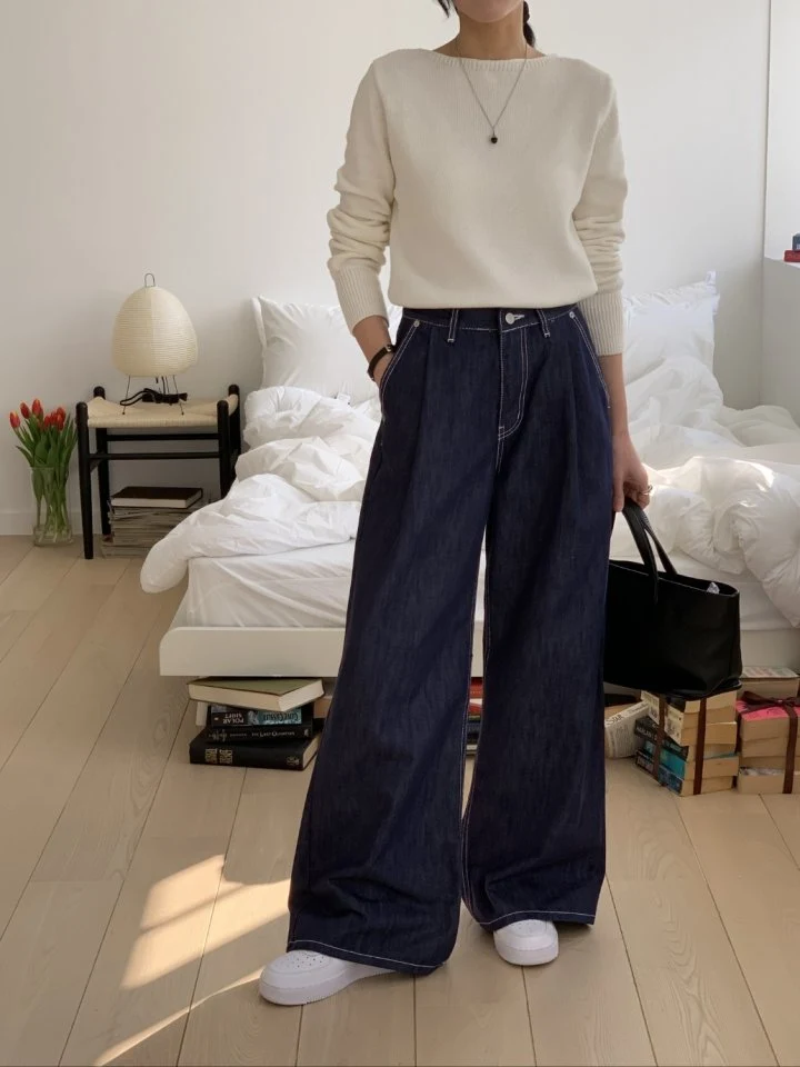 I'm here - Korean Women Fashion - #momslook - Non Fade Pintuck Wide Denim Pants - 6