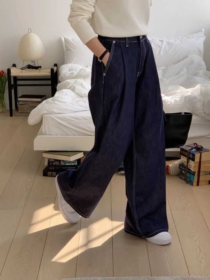 I'm here - Korean Women Fashion - #momslook - Non Fade Pintuck Wide Denim Pants - 7