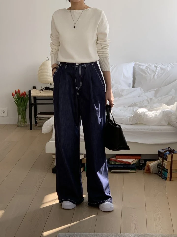 I'm here - Korean Women Fashion - #momslook - Non Fade Pintuck Wide Denim Pants - 8