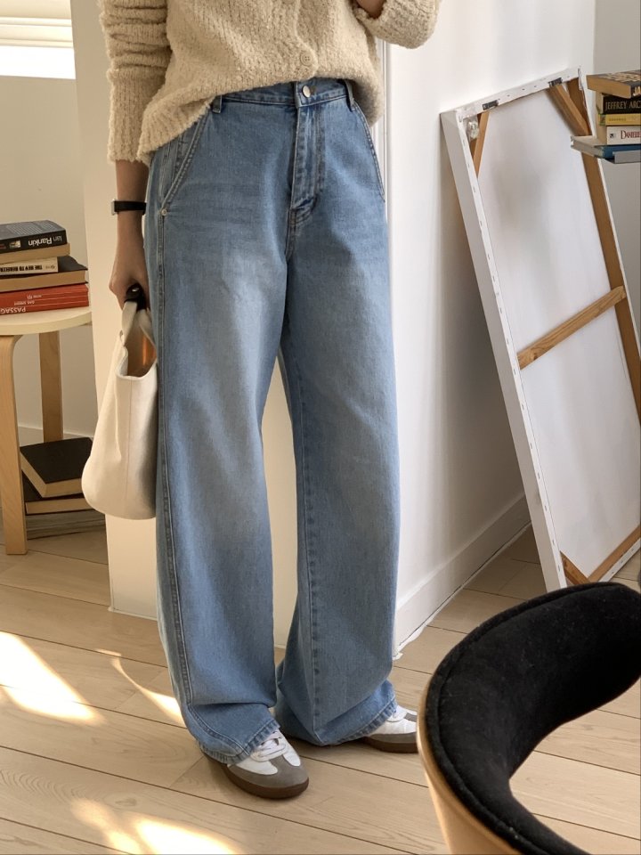 I'm here - Korean Women Fashion - #momslook - Diagonal Pocket Wide Denim Pants - 5