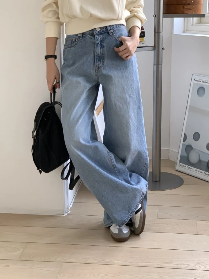 I'm here - Korean Women Fashion - #momslook - Ring Light Blue Wide Denim Pants