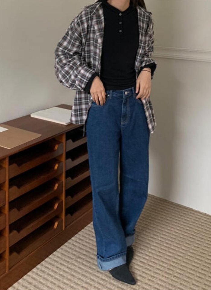 I'm here - Korean Women Fashion - #restrostyle - Deep Blue Straight Denim Pants