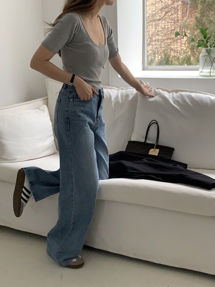 I'm here - Korean Women Fashion - #shopsmall - Cat Slit Wide Denim Pants - 7