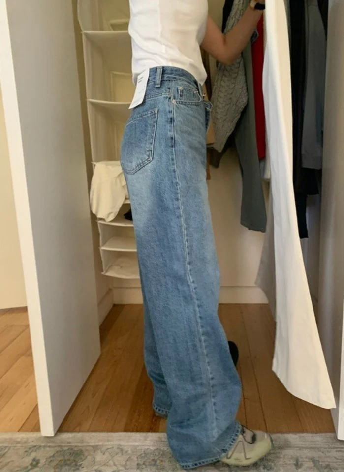 I'm here - Korean Women Fashion - #shopsmall - Unique Straight Wide Denim Pants - 2