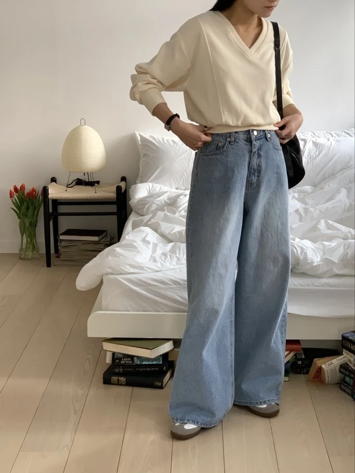 I'm here - Korean Women Fashion - #vintageinspired - Ring Light Blue Wide Denim Pants - 7