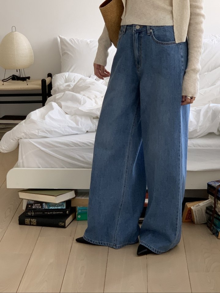 I'm here - Korean Women Fashion - #momslook - Soft Wide Denim Pants - 4