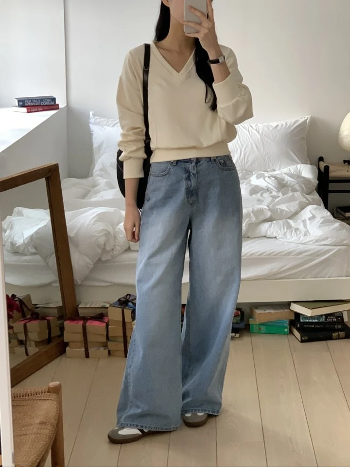 I'm here - Korean Women Fashion - #womensfashion - Ring Light Blue Wide Denim Pants - 2