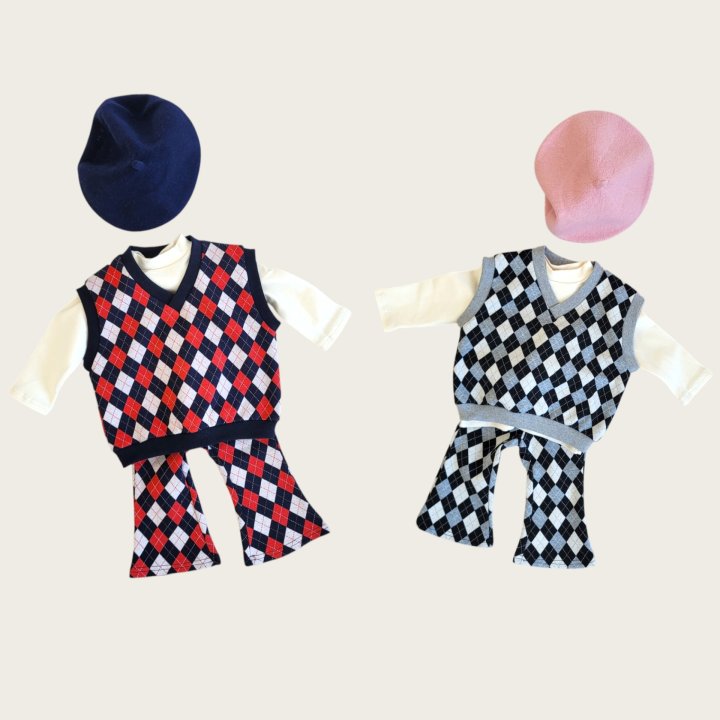 Moran - Korean Baby Fashion - #babyoutfit - Mix Argyle Vest Set