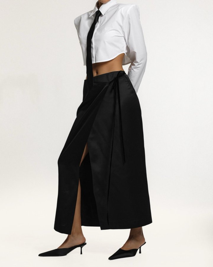 Paper Moon - Korean Women Fashion - #womensfashion - Velvet Trimmed Satin Wrap Maxi Skirt - 5