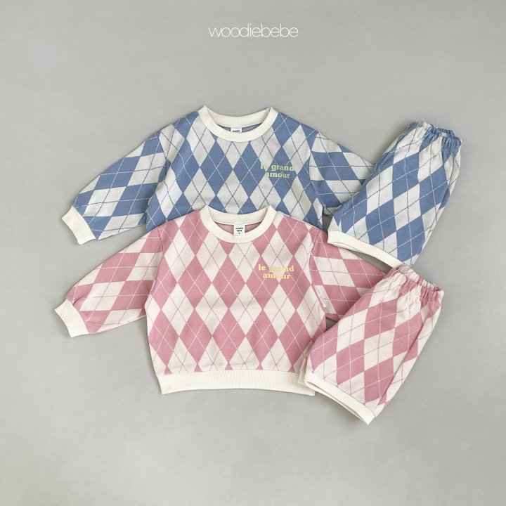 Woodie - Korean Baby Fashion - #babyoutfit - Argyle Top Bottom Set - 2